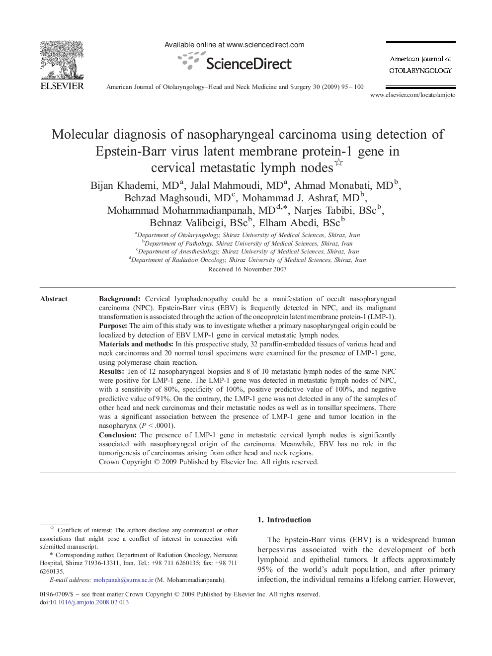 Molecular diagnosis of nasopharyngeal carcinoma using detection of Epstein-Barr virus latent membrane protein-1 gene in cervical metastatic lymph nodes 