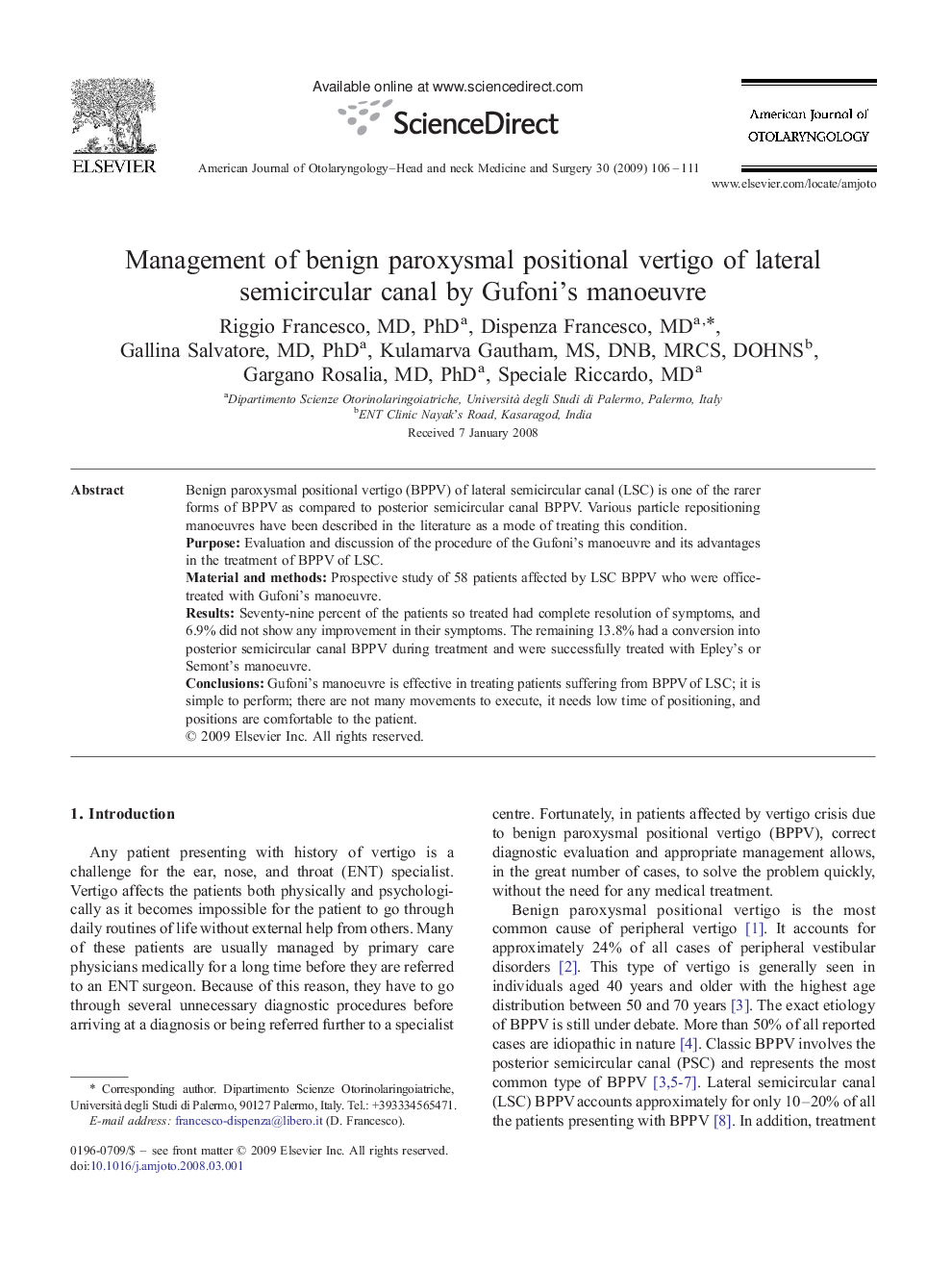 Management of benign paroxysmal positional vertigo of lateral semicircular canal by Gufoni's manoeuvre