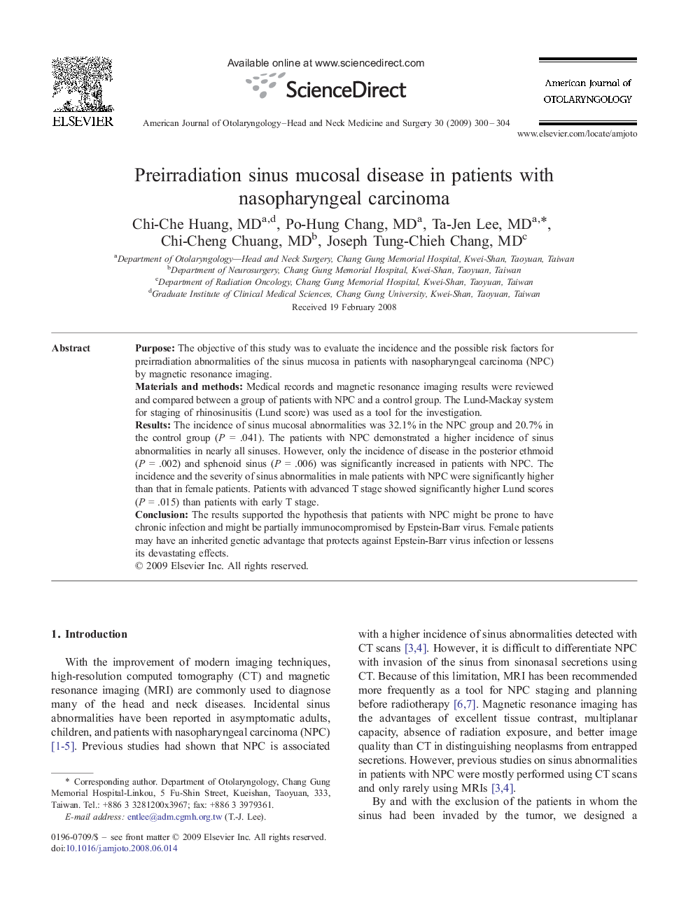 Preirradiation sinus mucosal disease in patients with nasopharyngeal carcinoma