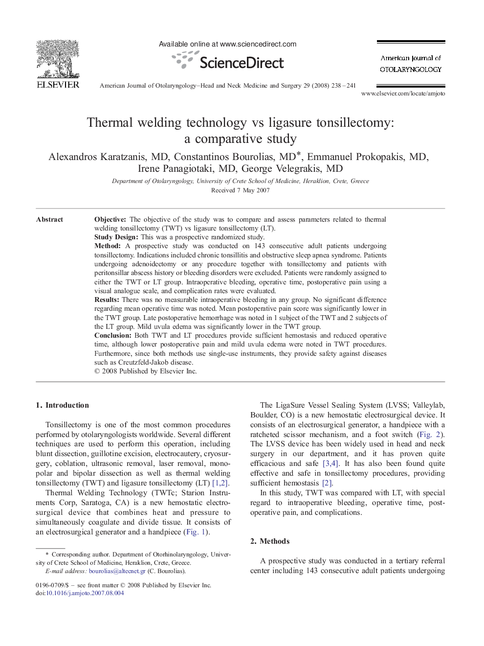 Thermal welding technology vs ligasure tonsillectomy: a comparative study