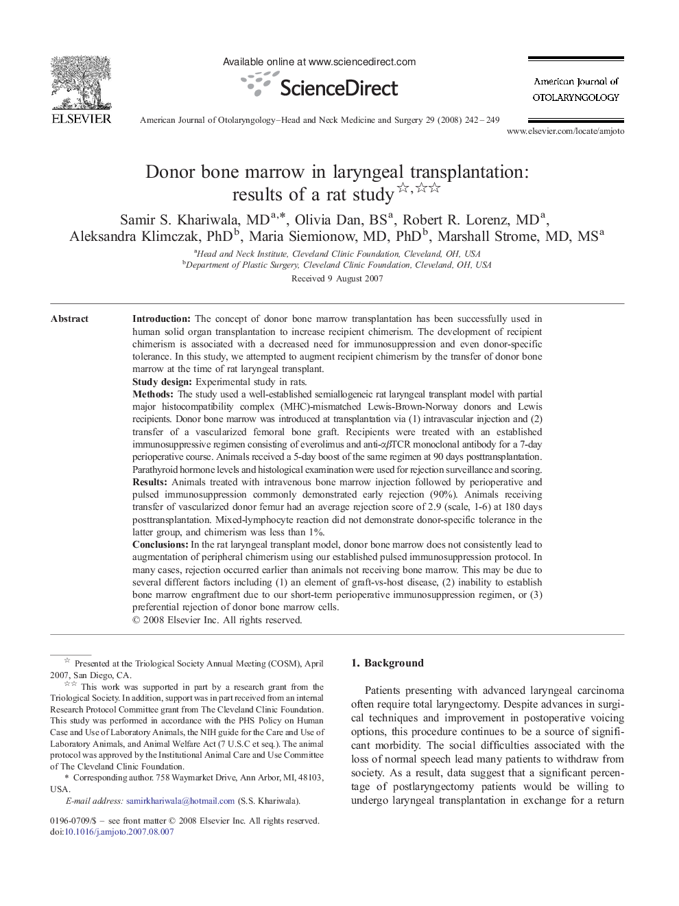 Donor bone marrow in laryngeal transplantation: results of a rat study 