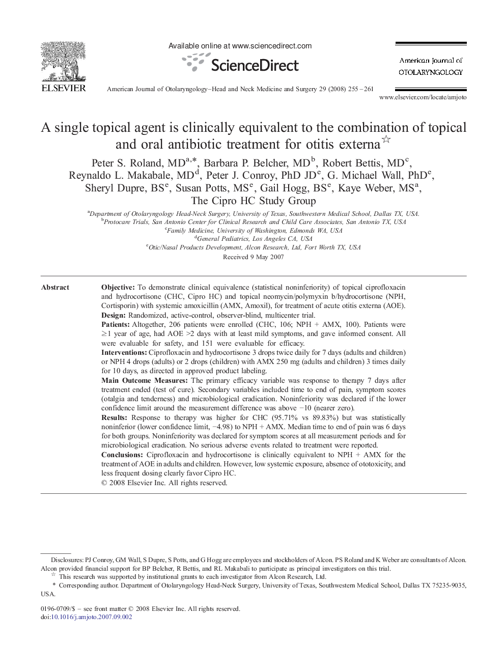 A single topical agent is clinically equivalent to the combination of topical and oral antibiotic treatment for otitis externa 