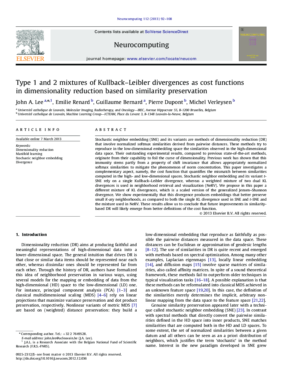 Type 1 and 2 mixtures of Kullback–Leibler divergences as cost functions in dimensionality reduction based on similarity preservation