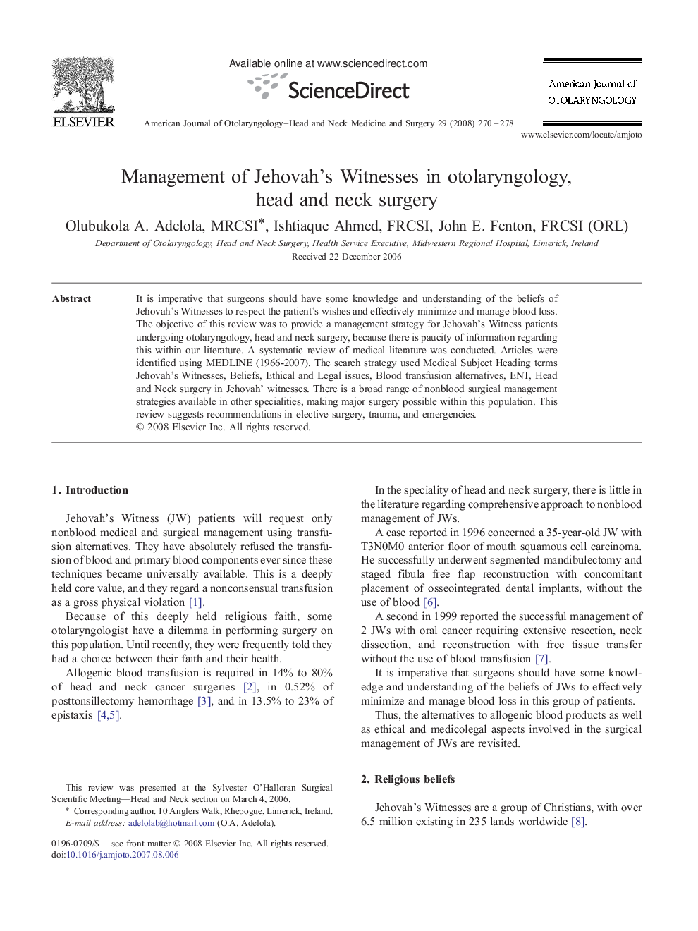 Management of Jehovah's Witnesses in otolaryngology, head and neck surgery 