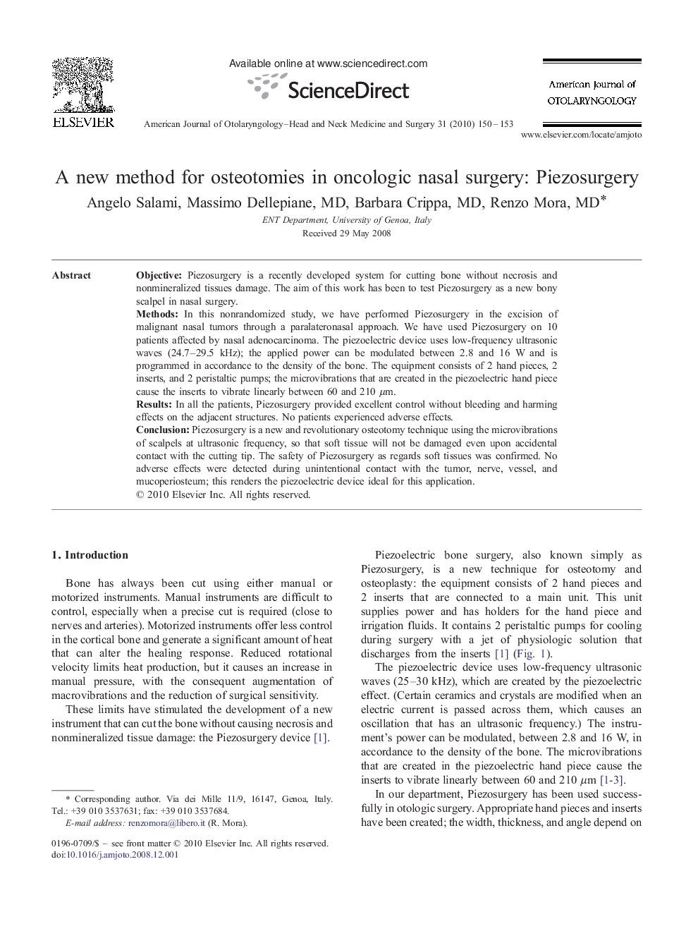 A new method for osteotomies in oncologic nasal surgery: Piezosurgery