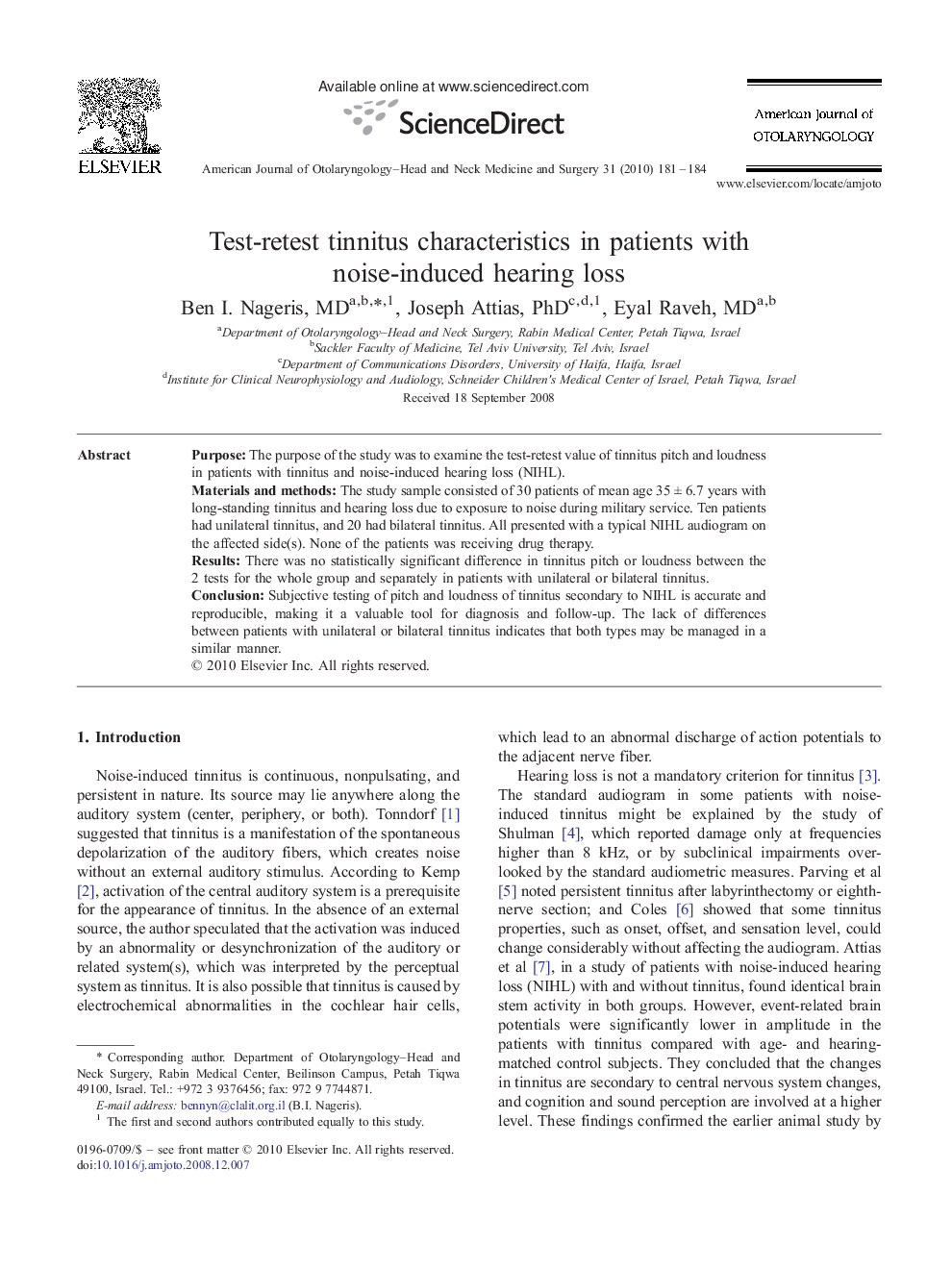 Test-retest tinnitus characteristics in patients with noise-induced hearing loss