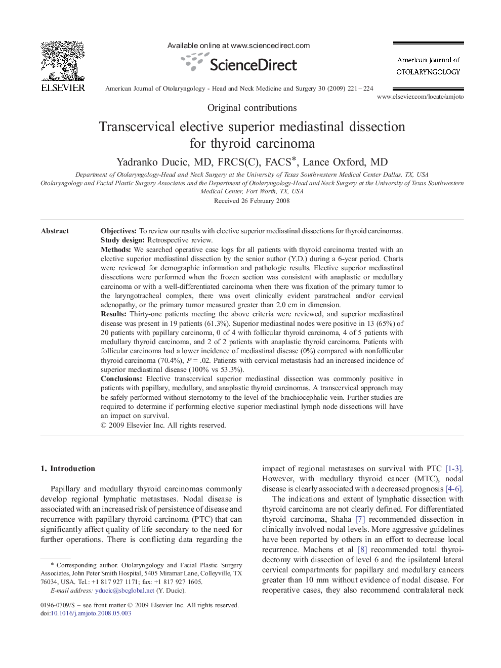 Transcervical elective superior mediastinal dissection for thyroid carcinoma