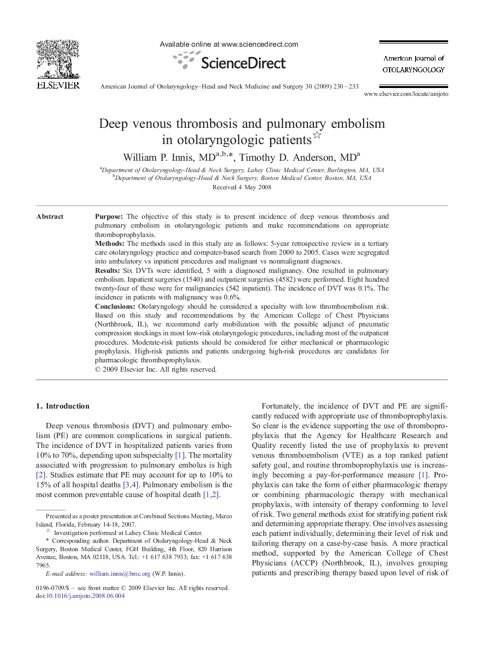 Deep venous thrombosis and pulmonary embolism in otolaryngologic patients 