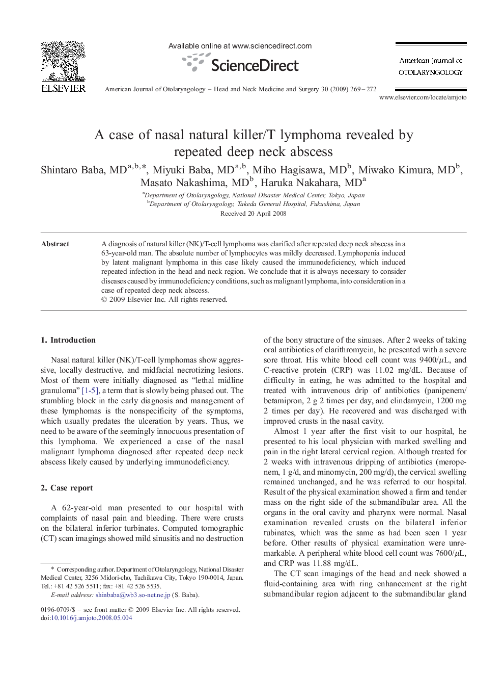 A case of nasal natural killer/T lymphoma revealed by repeated deep neck abscess