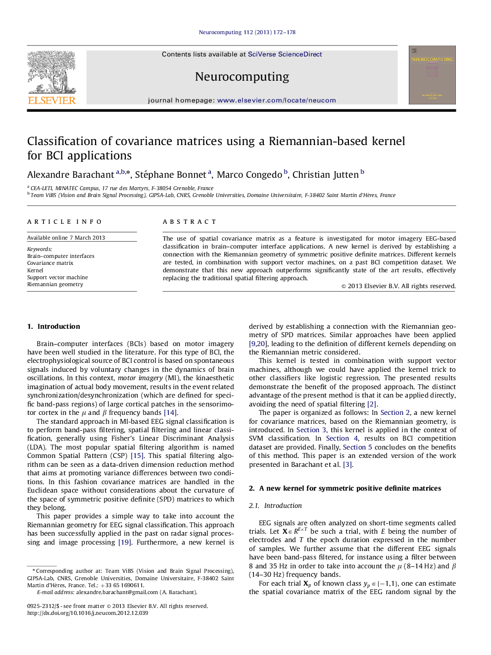 Classification of covariance matrices using a Riemannian-based kernel for BCI applications