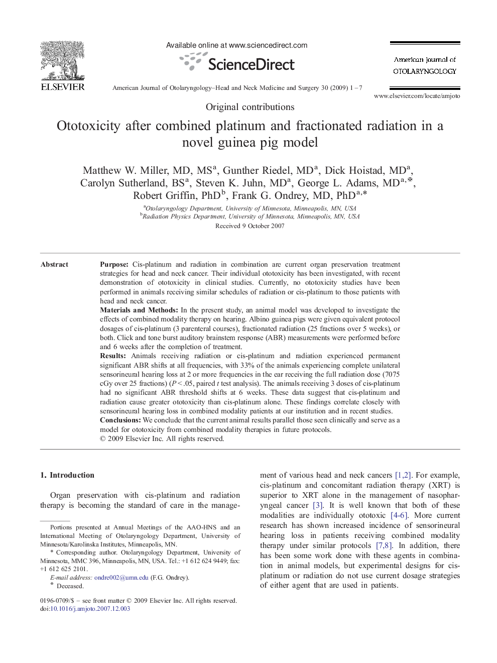 Ototoxicity after combined platinum and fractionated radiation in a novel guinea pig model