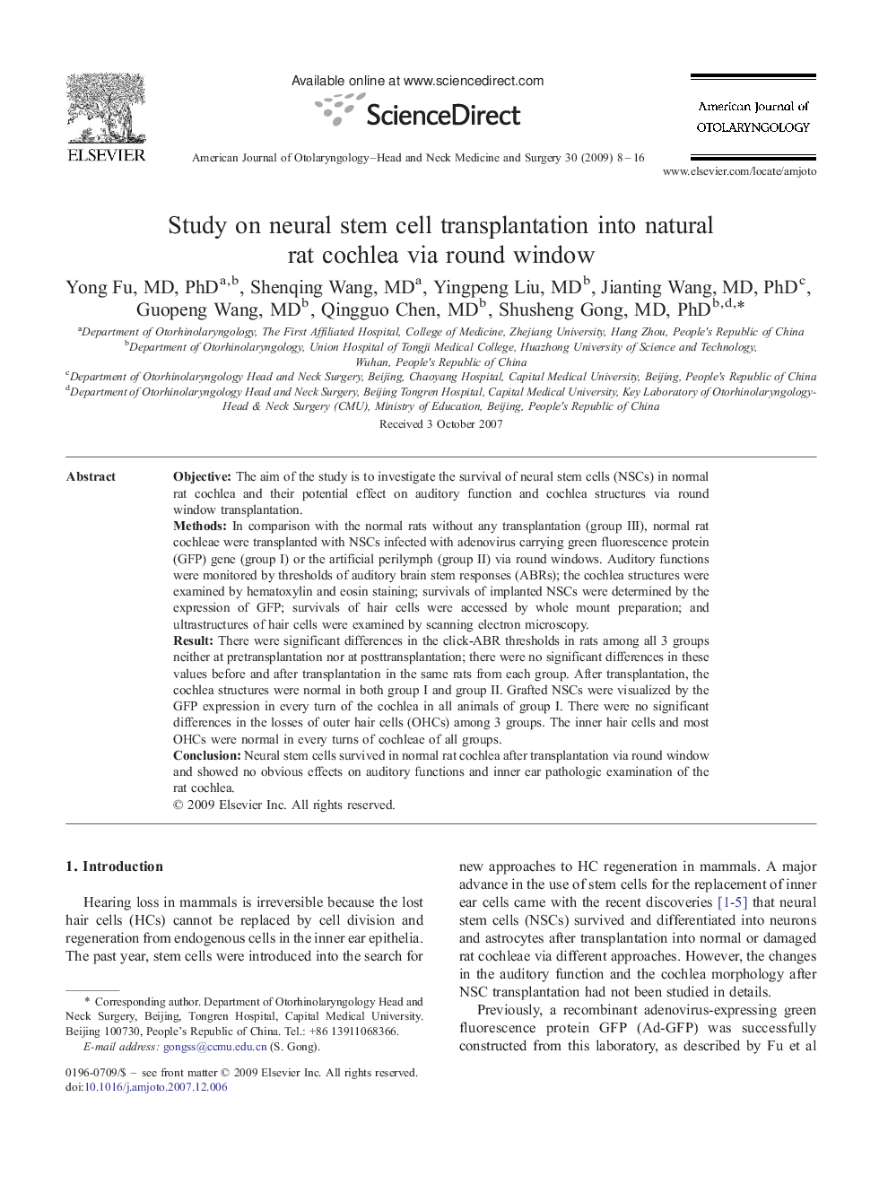 Study on neural stem cell transplantation into natural rat cochlea via round window