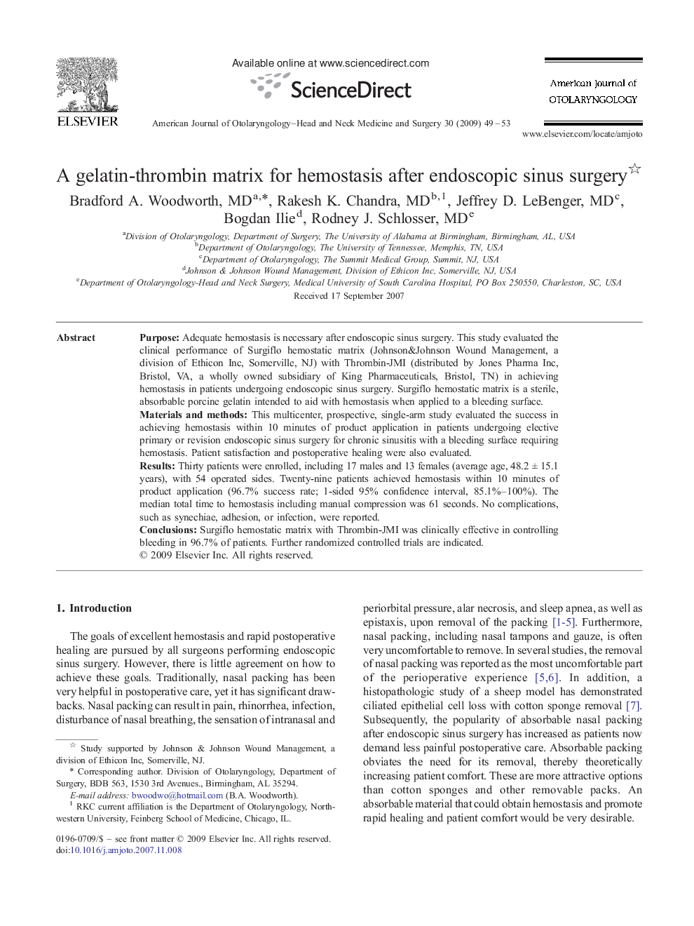 A gelatin-thrombin matrix for hemostasis after endoscopic sinus surgery 