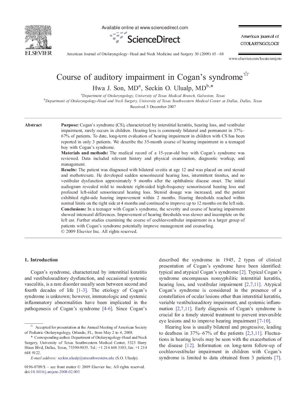 Course of auditory impairment in Cogan's syndrome 