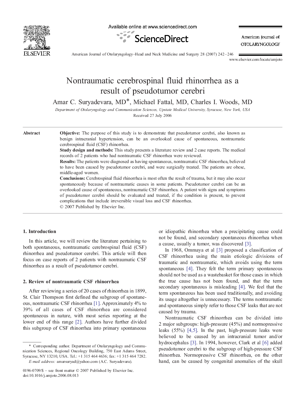 Nontraumatic cerebrospinal fluid rhinorrhea as a result of pseudotumor cerebri