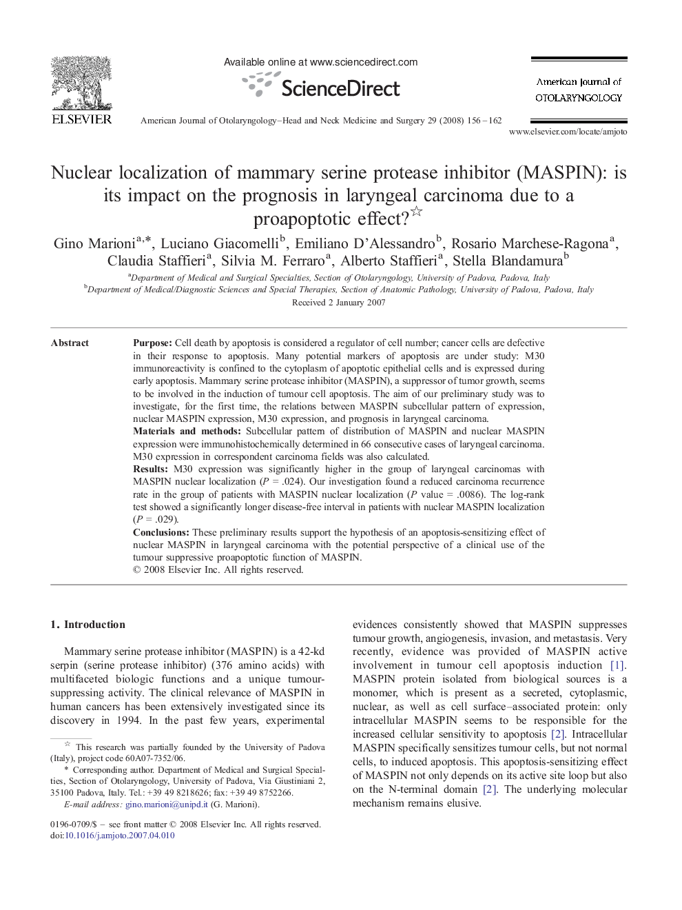 Nuclear localization of mammary serine protease inhibitor (MASPIN): is its impact on the prognosis in laryngeal carcinoma due to a proapoptotic effect? 