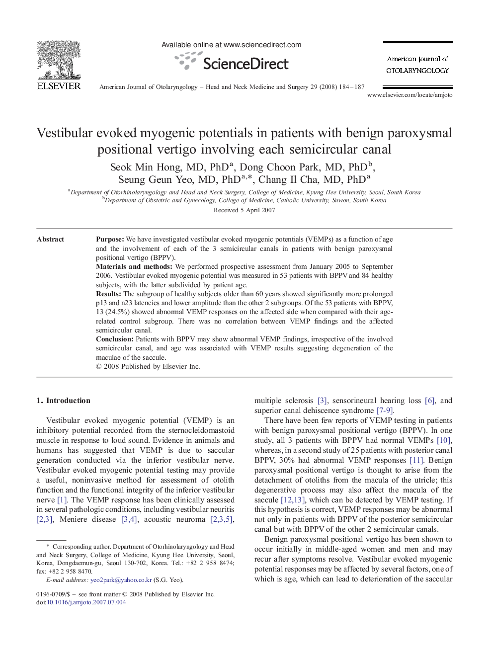 Vestibular evoked myogenic potentials in patients with benign paroxysmal positional vertigo involving each semicircular canal