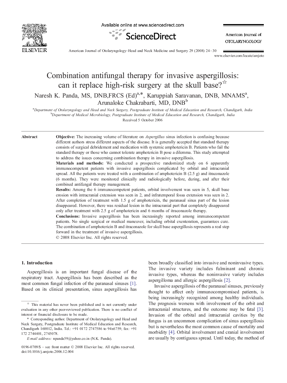 Combination antifungal therapy for invasive aspergillosis: can it replace high-risk surgery at the skull base? 