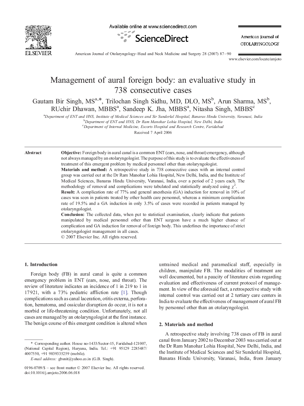 Management of aural foreign body: an evaluative study in 738 consecutive cases