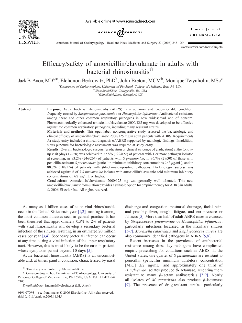 Efficacy/safety of amoxicillin/clavulanate in adults with bacterial rhinosinusitis 