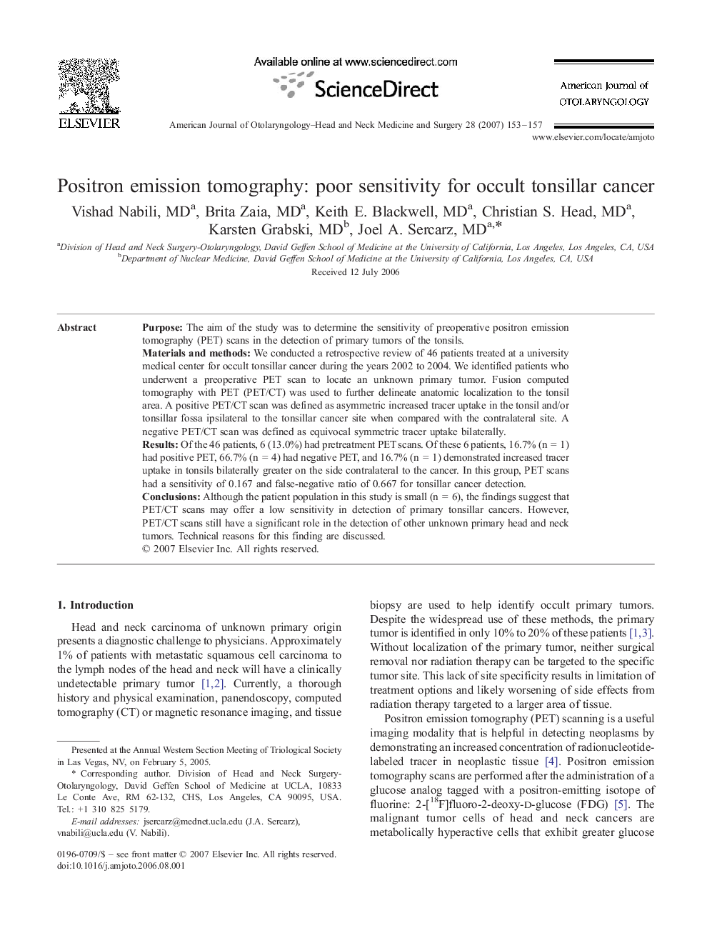 Positron emission tomography: poor sensitivity for occult tonsillar cancer