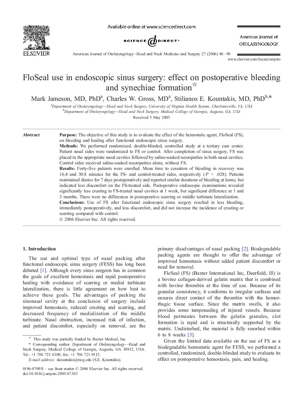 FloSeal use in endoscopic sinus surgery: effect on postoperative bleeding and synechiae formation 