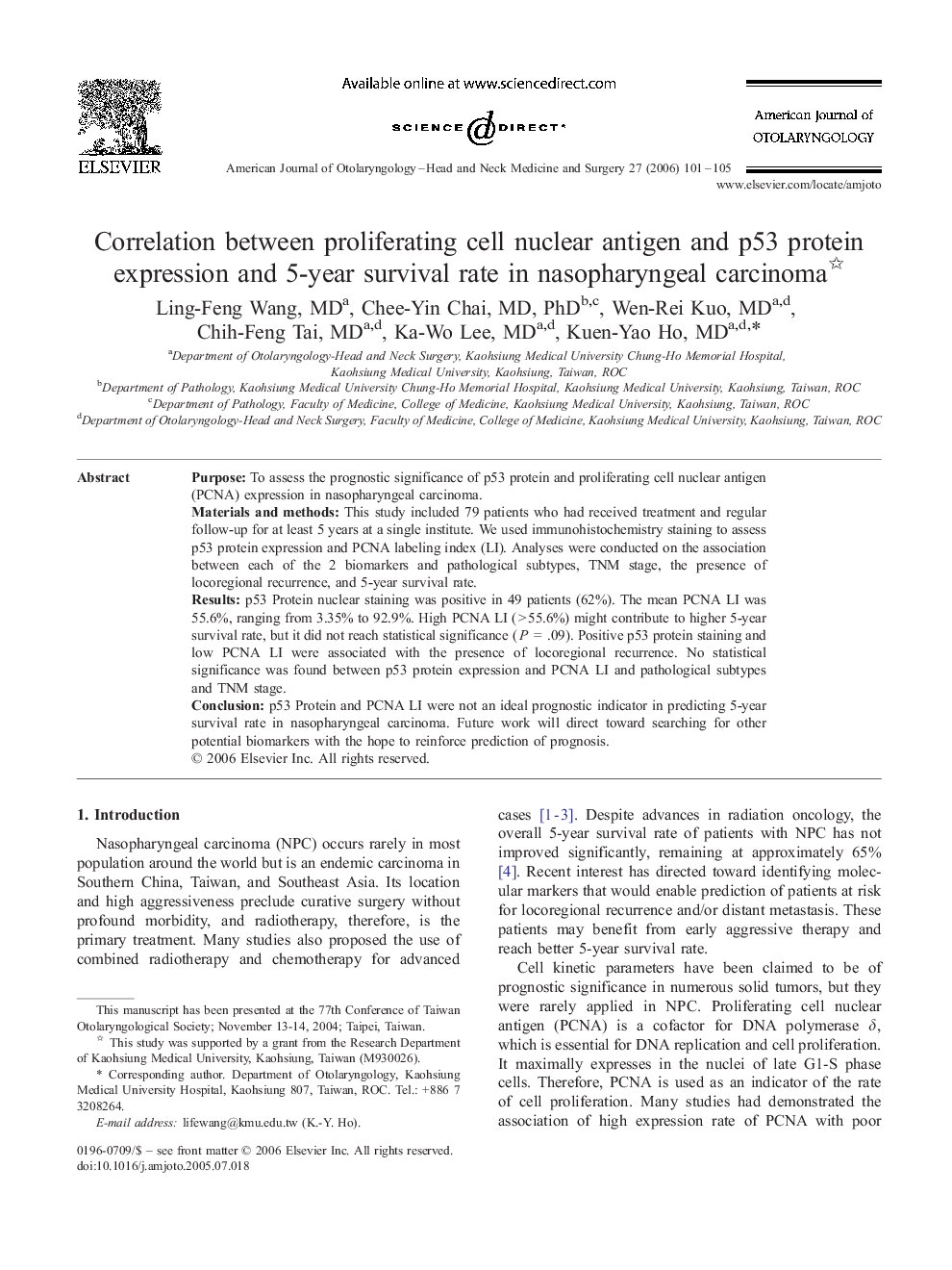 Correlation between proliferating cell nuclear antigen and p53 protein expression and 5-year survival rate in nasopharyngeal carcinoma