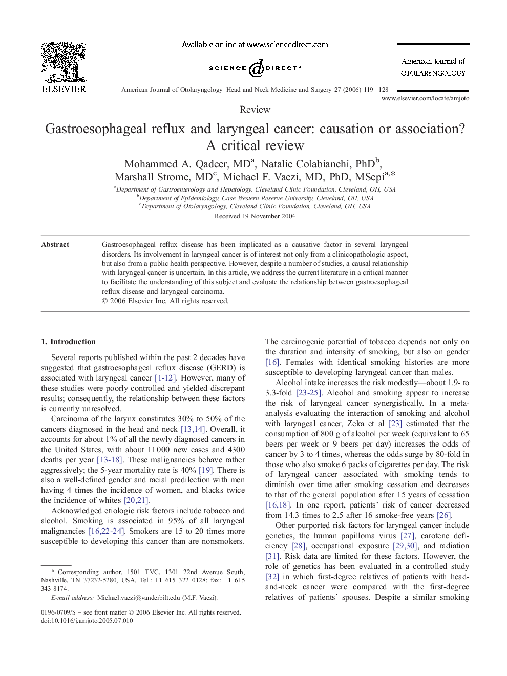 Gastroesophageal reflux and laryngeal cancer: causation or association? A critical review