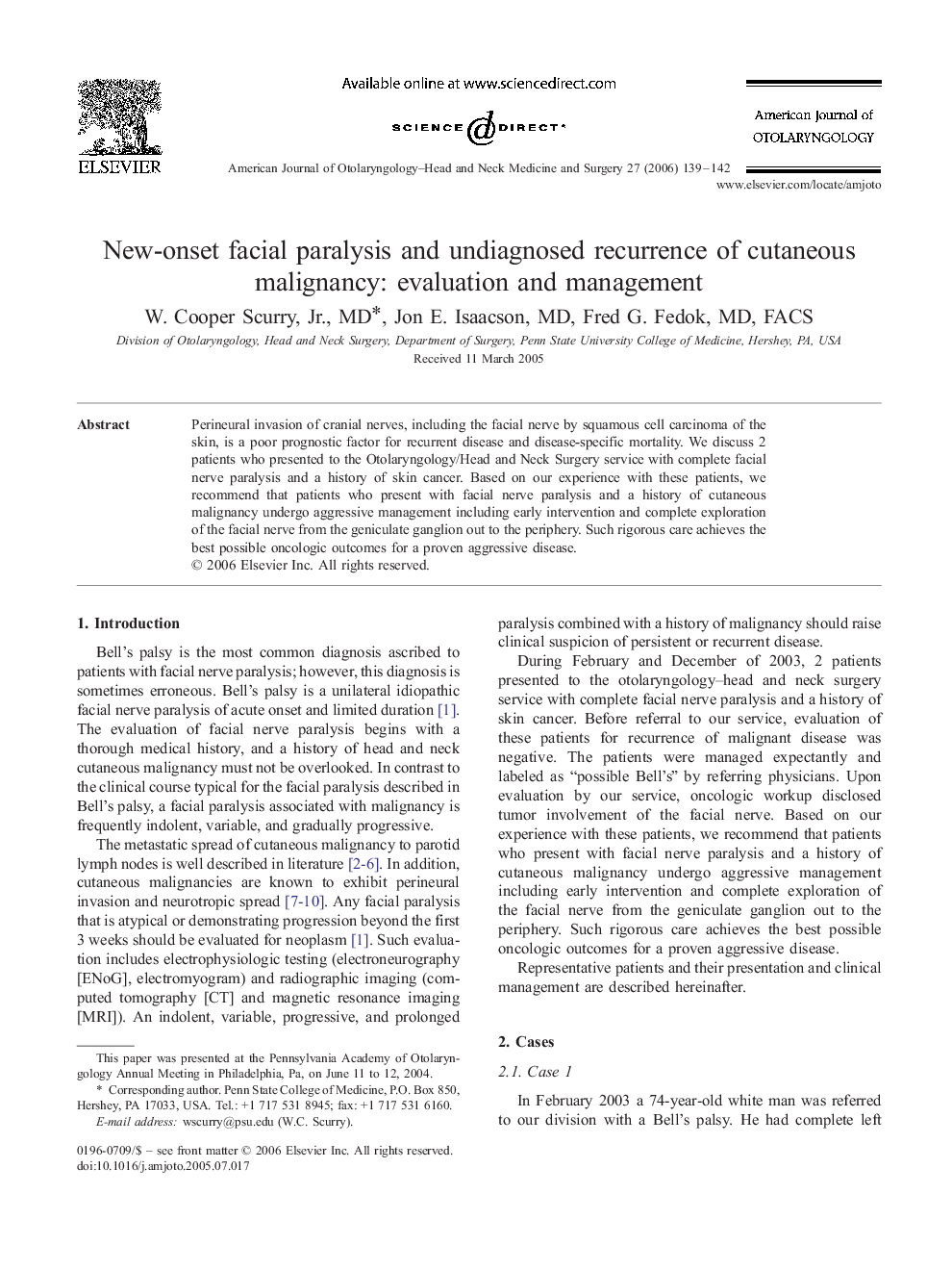 New-onset facial paralysis and undiagnosed recurrence of cutaneous malignancy: evaluation and management