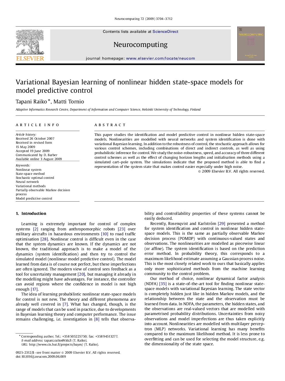 Variational Bayesian learning of nonlinear hidden state-space models for model predictive control