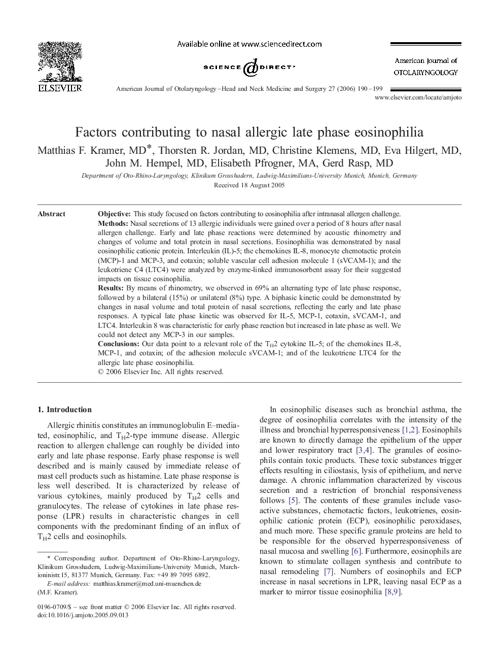 Factors contributing to nasal allergic late phase eosinophilia