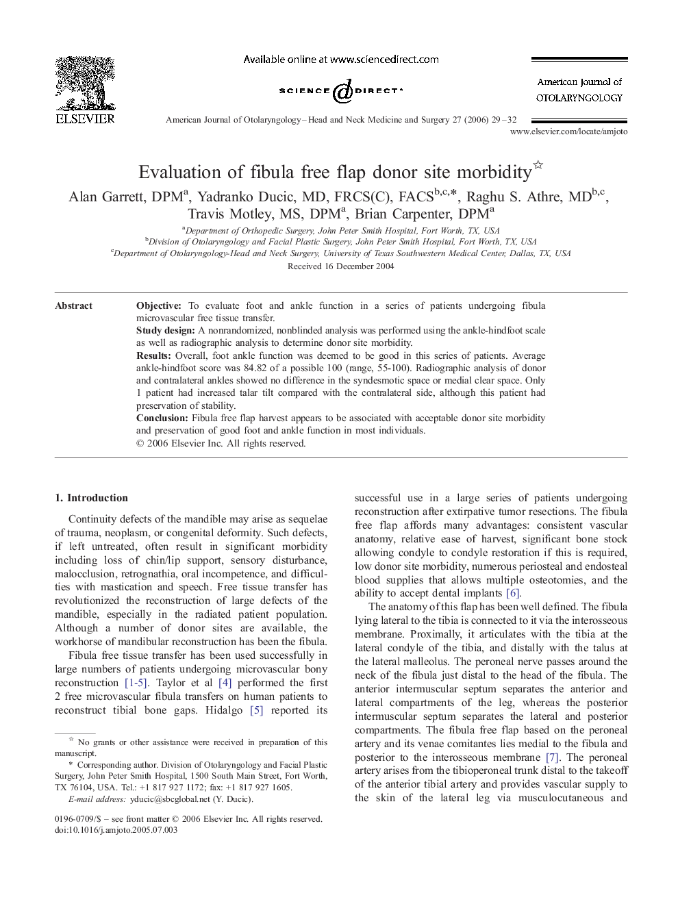 Evaluation of fibula free flap donor site morbidity 