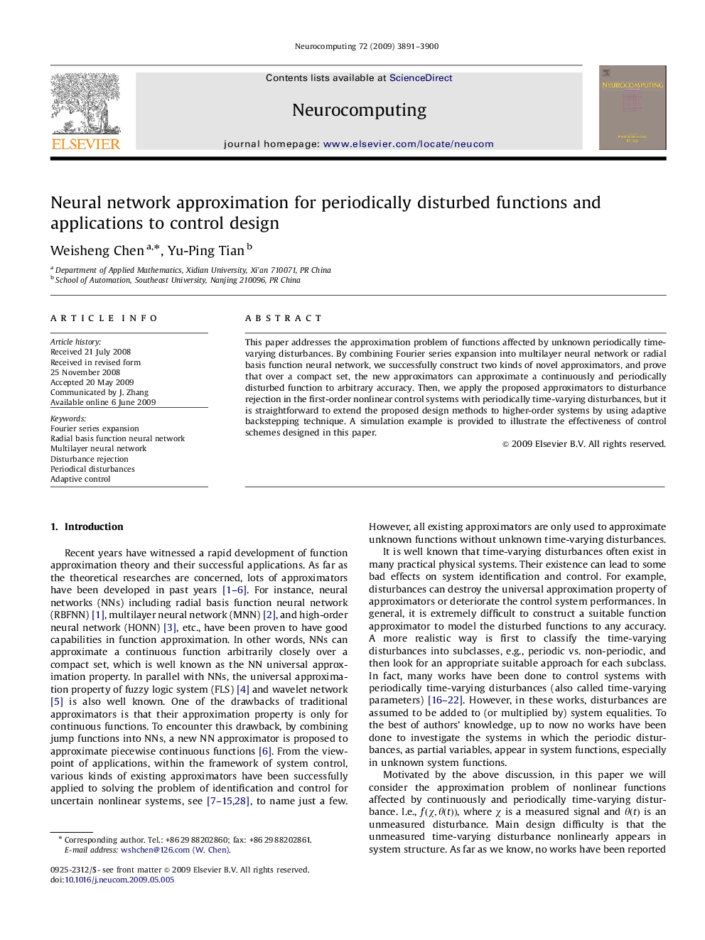 Neural network approximation for periodically disturbed functions and applications to control design