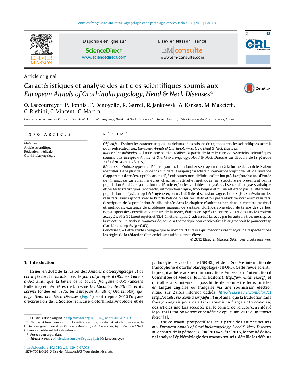 Caractéristiques et analyse des articles scientifiques soumis aux European Annals of Otorhinolaryngology, Head & Neck Diseases 