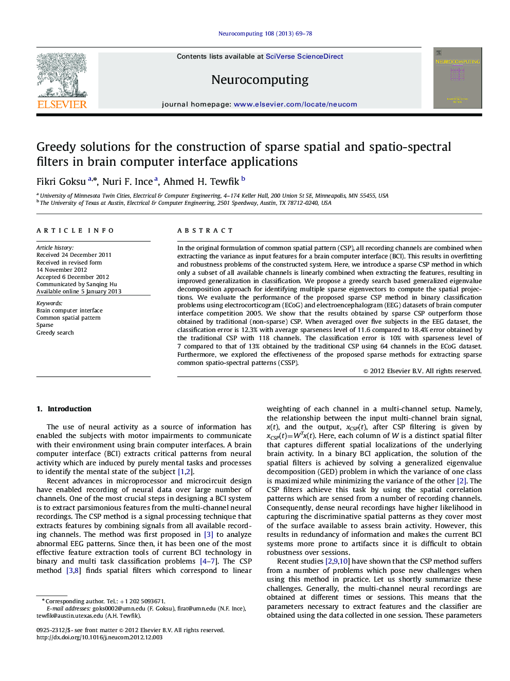 Greedy solutions for the construction of sparse spatial and spatio-spectral filters in brain computer interface applications