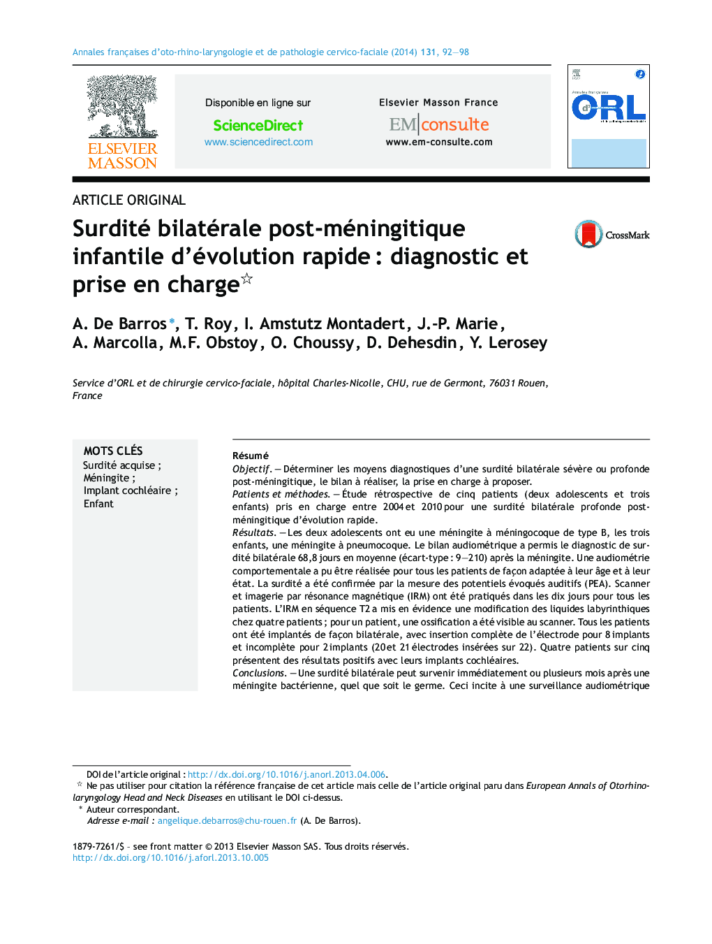 Surdité bilatérale post-méningitique infantile d’évolution rapide : diagnostic et prise en charge 