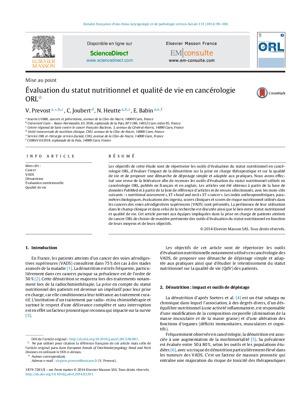 Évaluation du statut nutritionnel et qualité de vie en cancérologie ORL 