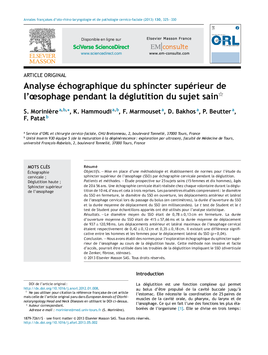 Analyse échographique du sphincter supérieur de l’œsophage pendant la déglutition du sujet sain 