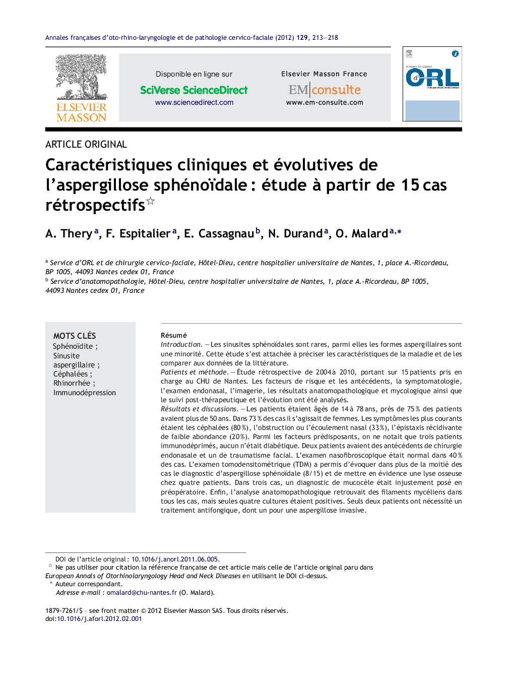 Caractéristiques cliniques et évolutives de l'aspergillose sphénoïdaleÂ : étude Ã  partir de 15Â cas rétrospectifs