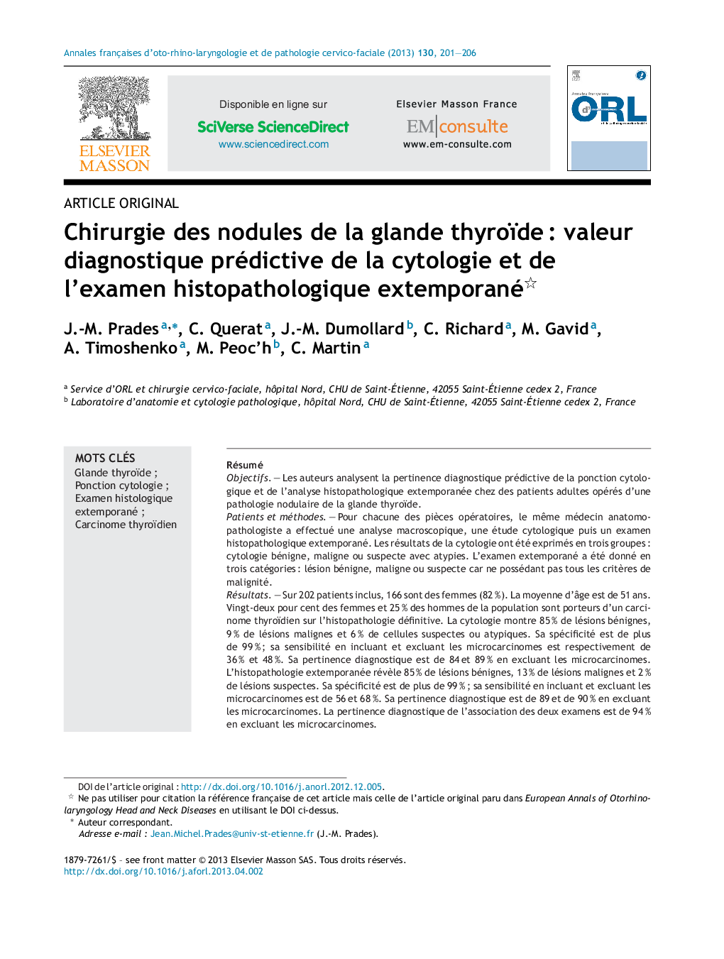 Chirurgie des nodules de la glande thyroïde : valeur diagnostique prédictive de la cytologie et de l’examen histopathologique extemporané 