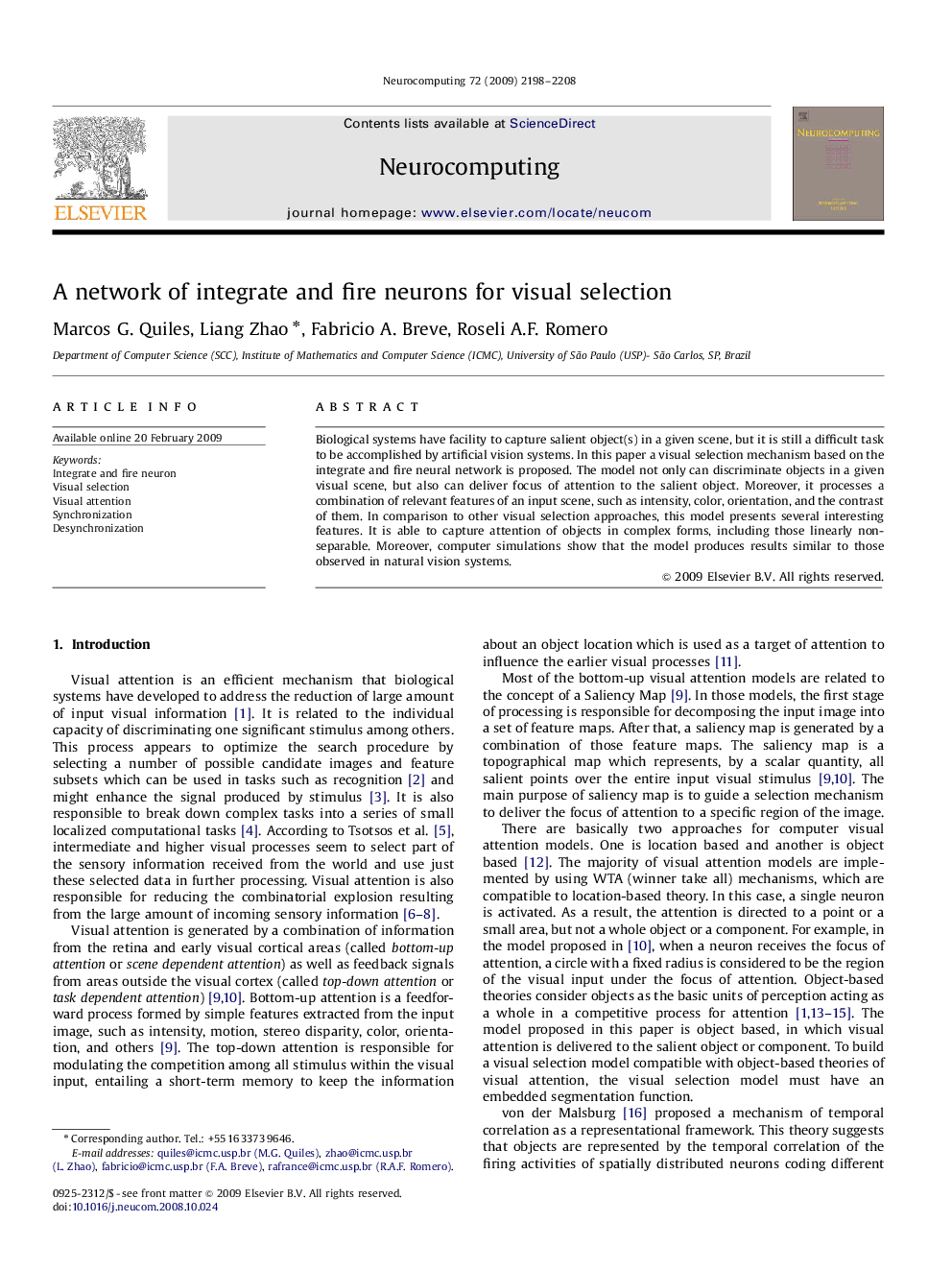 A network of integrate and fire neurons for visual selection