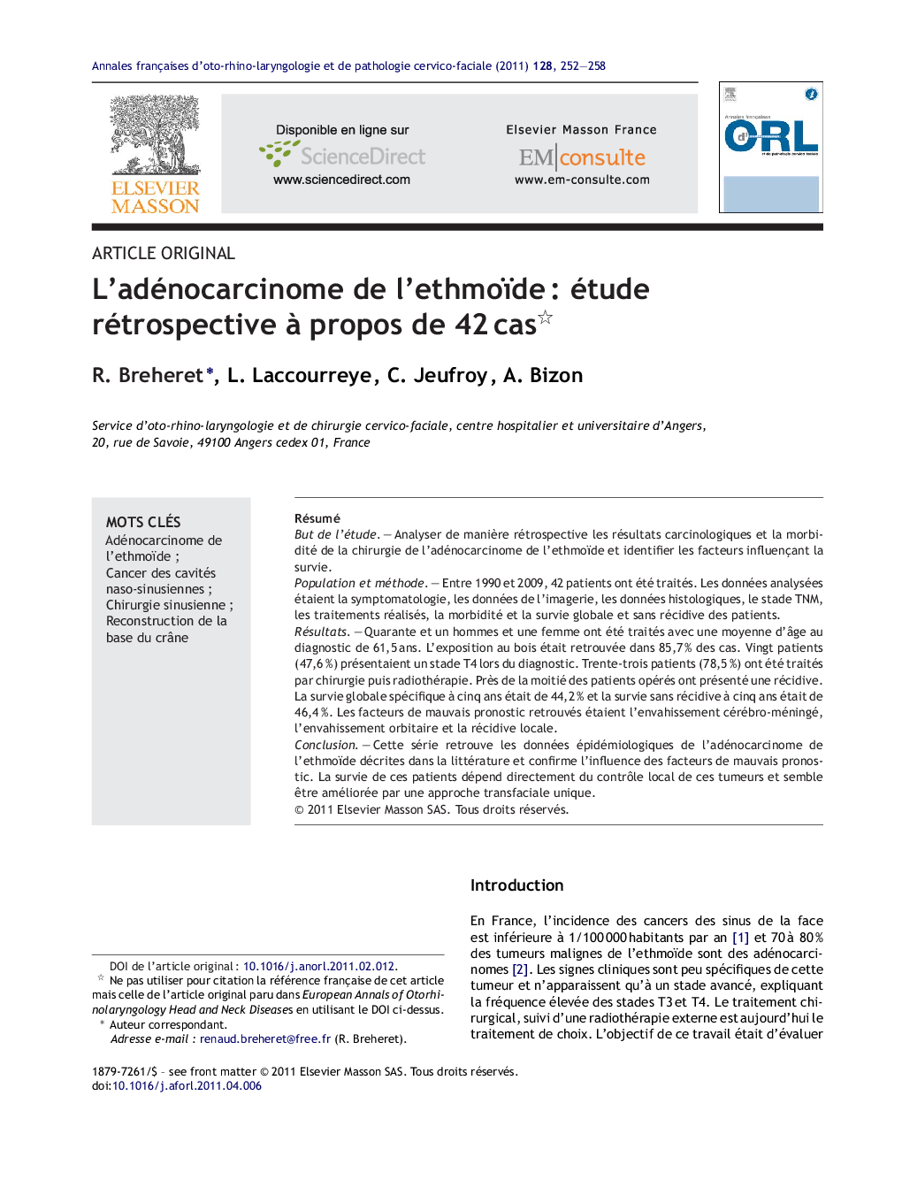 L'adénocarcinome de l'ethmoïdeÂ : étude rétrospective Ã  propos de 42Â cas