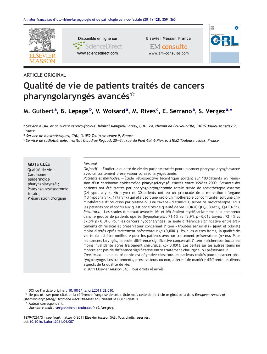 Qualité de vie de patients traités de cancers pharyngolaryngés avancés