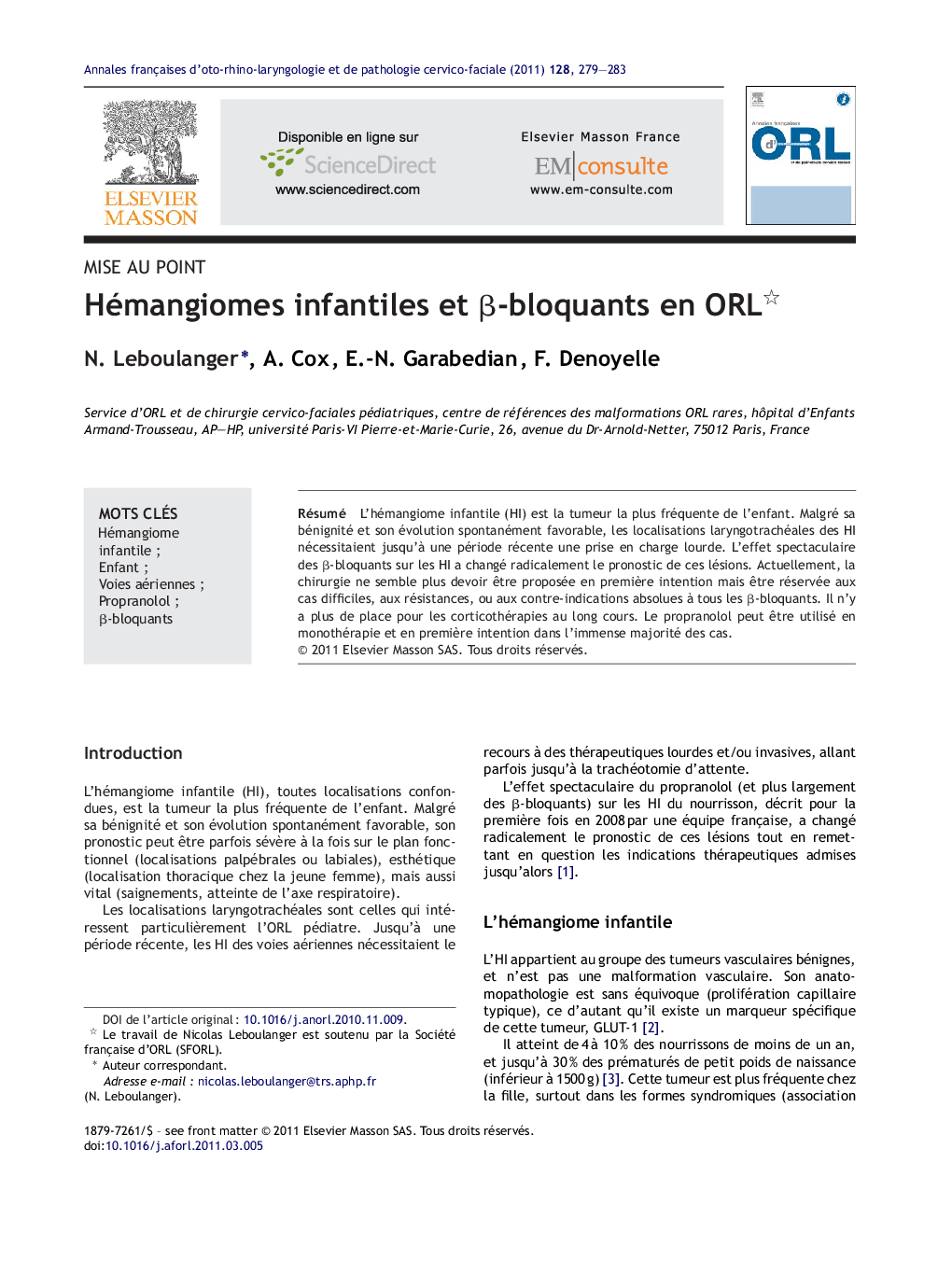 Hémangiomes infantiles et Î²-bloquants en ORL