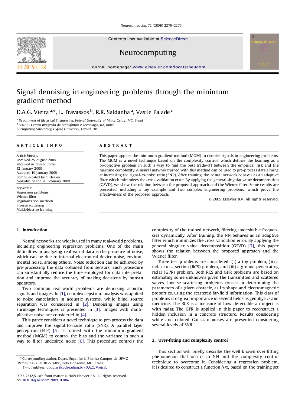 Signal denoising in engineering problems through the minimum gradient method