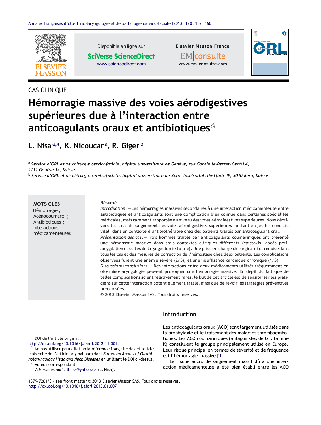 Hémorragie massive des voies aérodigestives supérieures due à l’interaction entre anticoagulants oraux et antibiotiques 