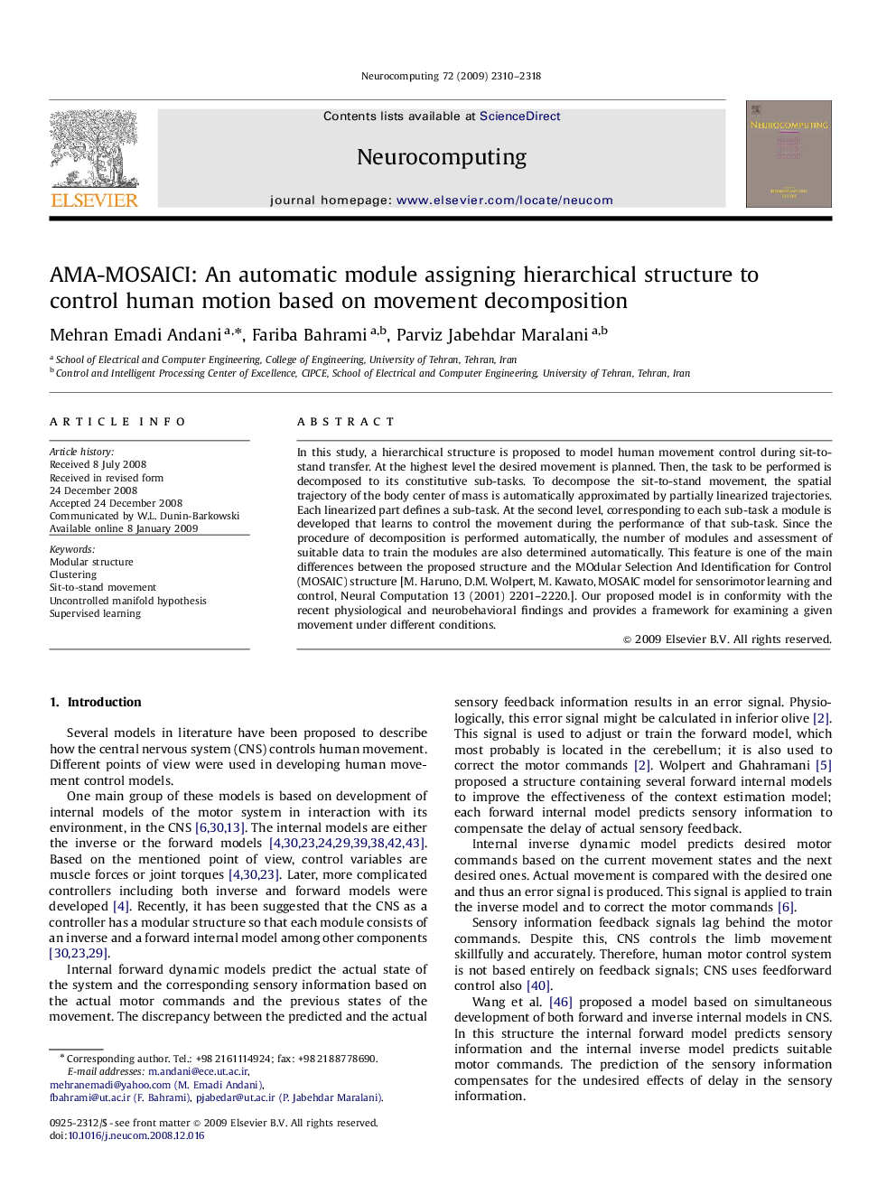 AMA-MOSAICI: An automatic module assigning hierarchical structure to control human motion based on movement decomposition