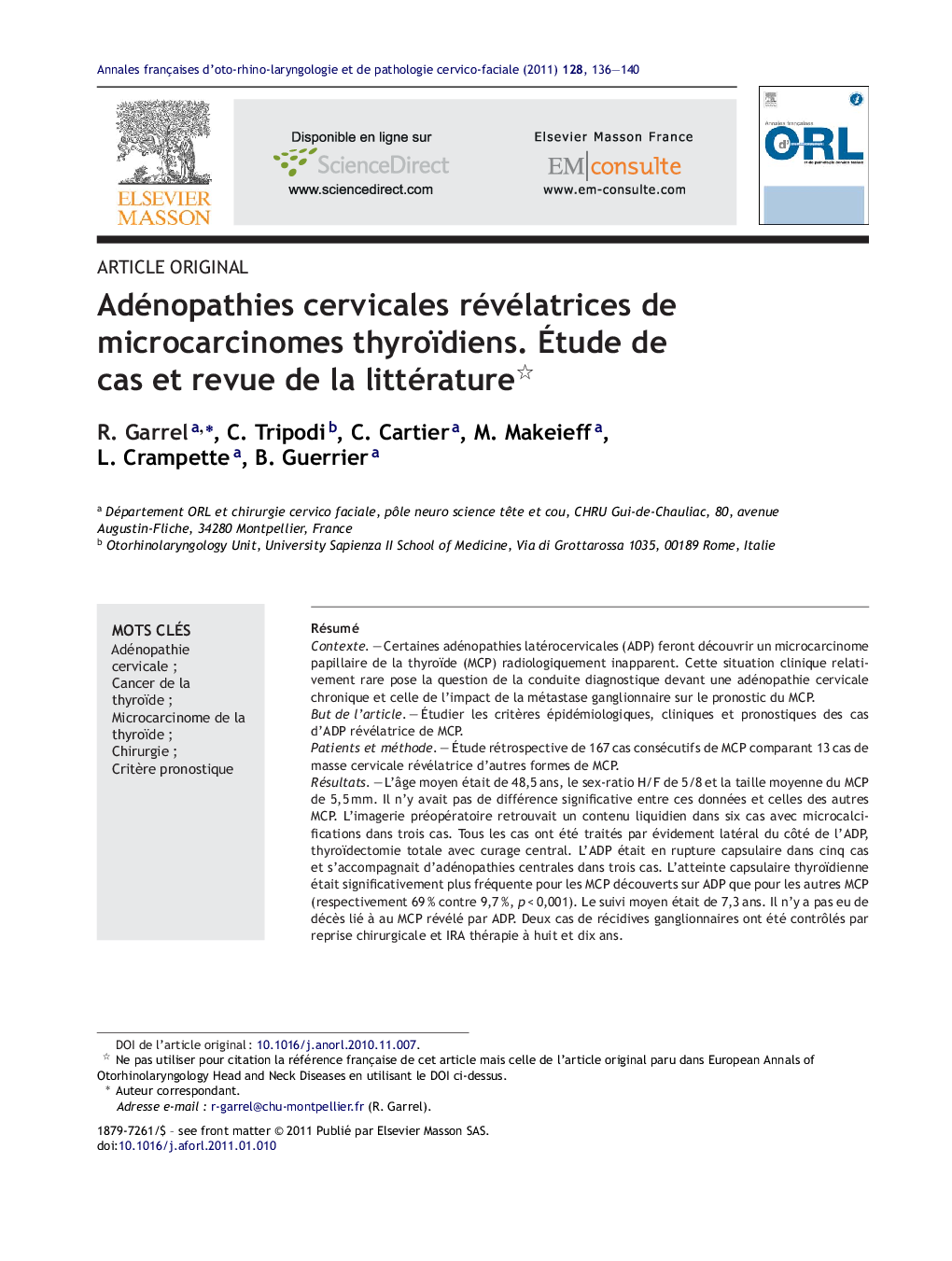 Adénopathies cervicales révélatrices de microcarcinomes thyroïdiens. Étude de cas et revue de la littérature 