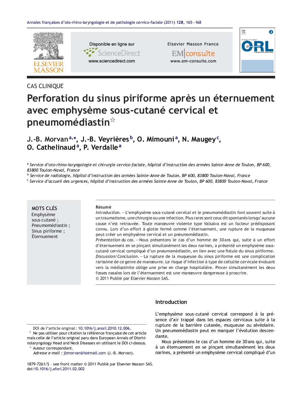 Perforation du sinus piriforme aprÃ¨s un éternuement avec emphysÃ¨me sous-cutané cervical et pneumomédiastin