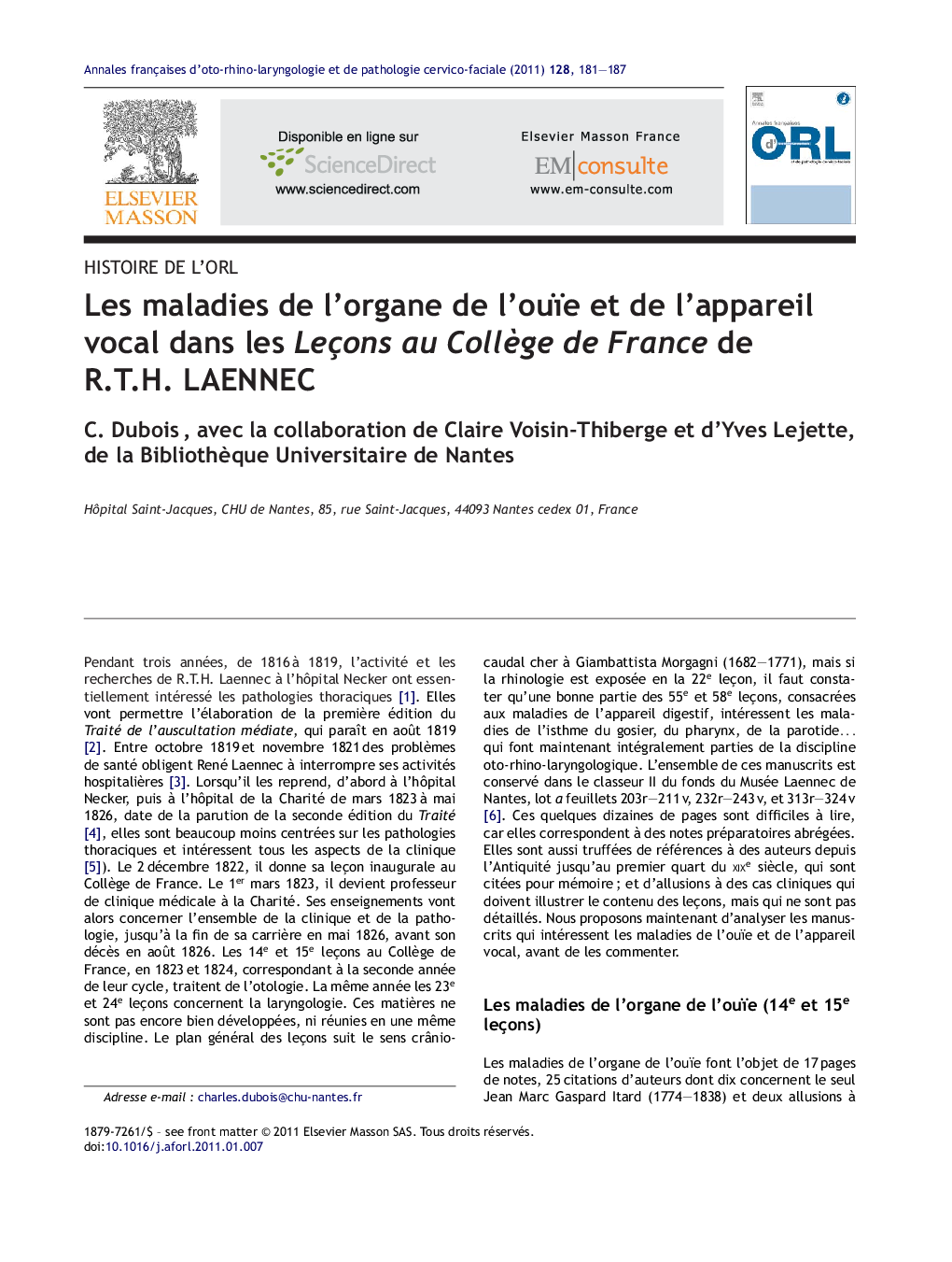 Les maladies de l'organe de l'ouïe et de l'appareil vocal dans les Leçons au CollÃ¨ge de France de R.T.H. LAENNEC